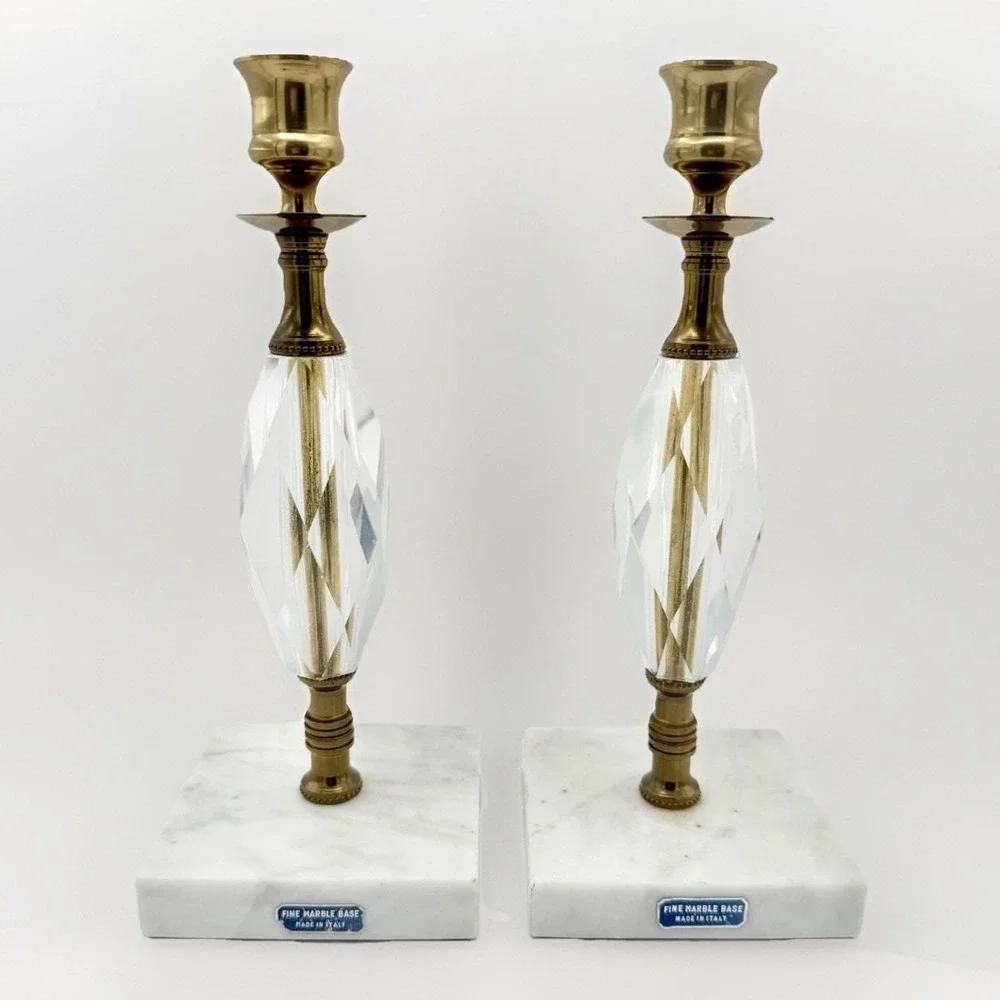 Vintage Marble, Crystal, Brass Italian Candlesticks Italy 10.5